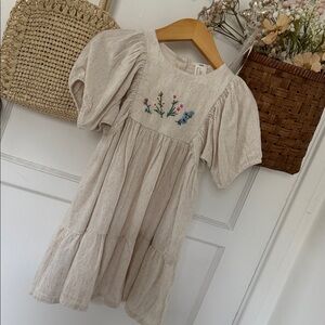 NWOT Charming Cream Linen Girl Dress with Floral Embroidery